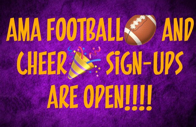 AMA Football & Cheer Season is ON!  Sign Ups this Saturday at Copello Park
