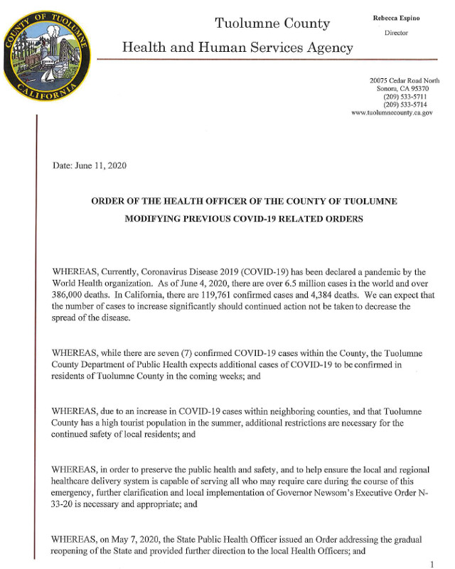 Tuolumne County Updates COVID-12 Health Order as County Moves Closer to Full Reopening