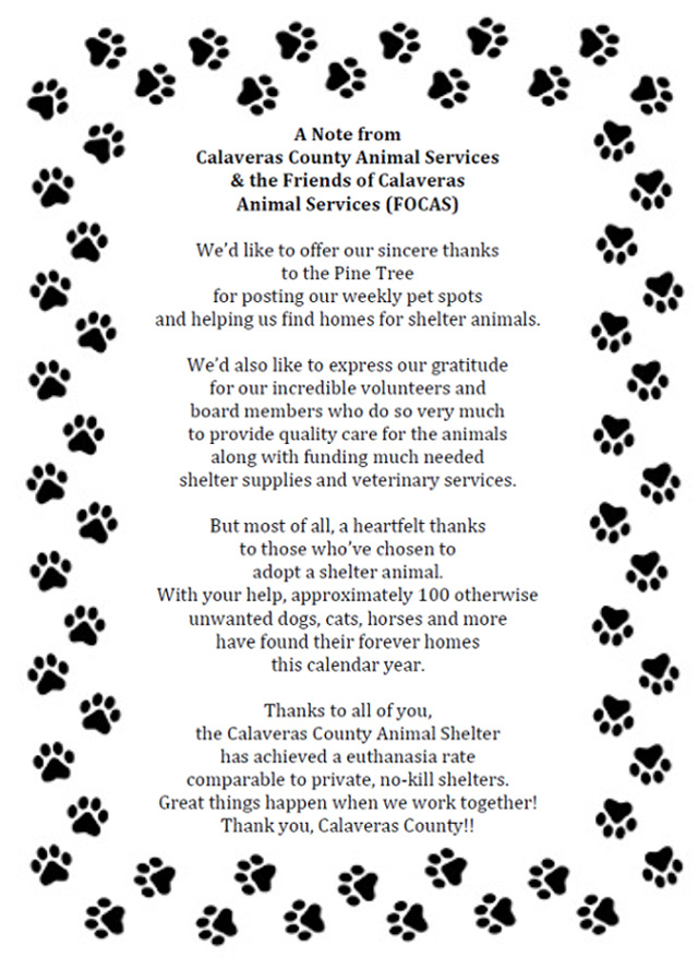 A Note From Calaveras County Animal Services & Friends of Calaveras Animal Services (FOCAS)