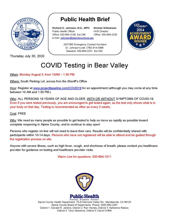 Covid-19 Testing Coming to Bear Valley on August 3rd