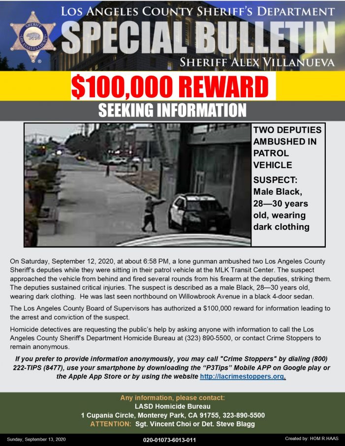 $100k Reward Offer in Manhunt for Suspect in Ambush Shooting of 2 LA Sheriff’s Deputies