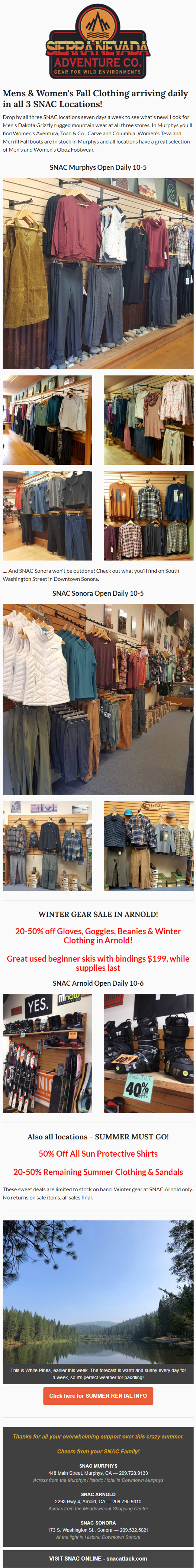 Mens & Women’s Fall Clothing arriving daily in all 3 SNAC Locations!