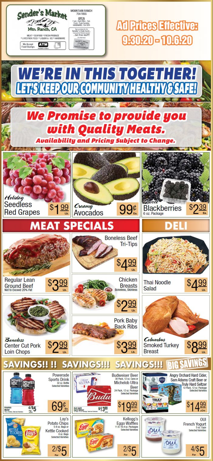 Sender’s Market’s Weekly Ad & Grocery Specials Through October 6th