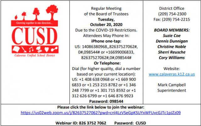 The October 20, 2020 CUSD Board Meeting Agenda
