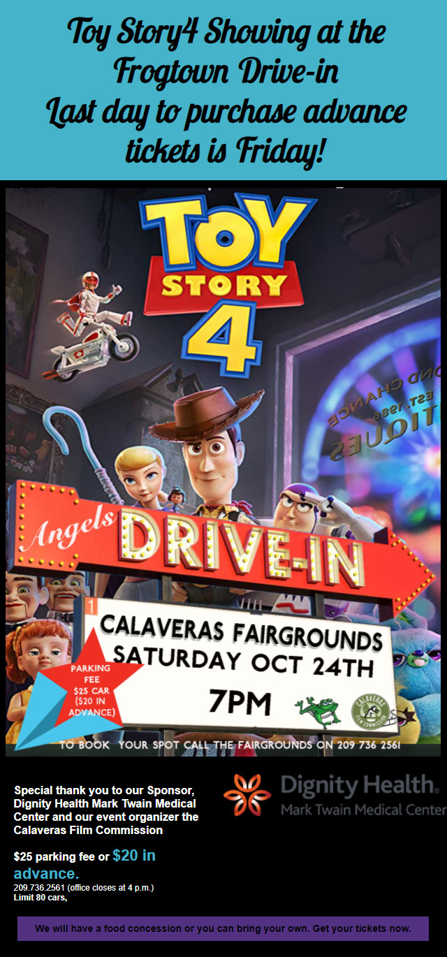 Toy Story4 Showing at the Frogtown Drive-in on October 24th