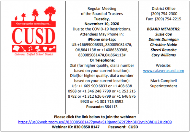 The November 8, 2020 CUSD Board Meeting Agenda