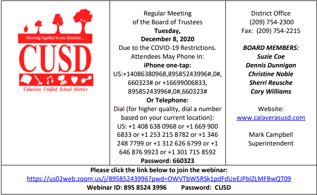 The December 8th, 2020 CUSD Board Meeting Agenda