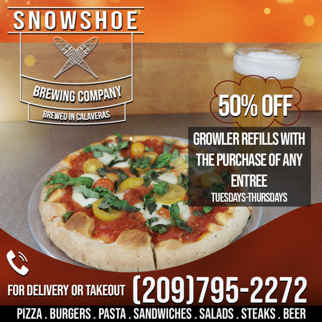 Pizza, Burgers, Pasta, Sandwiches, Salads, Steaks & Beer! All for Takeout or Delivery from Snowshoe Brewing Company!