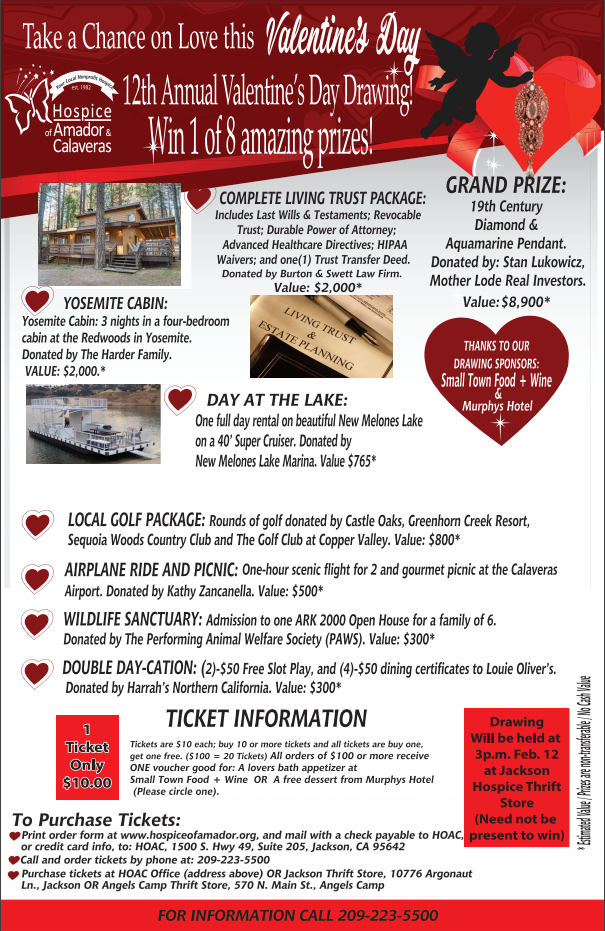 Hospice of Amador & Calaveras 12th Annual Take a Chance on Love Valentine’s Day Drawing