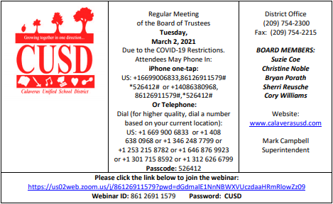 The March 2nd, 2021 CUSD Board Meeting Agenda