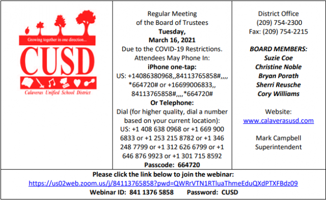 The March 16th, 2021 CUSD Board Meeting Agenda
