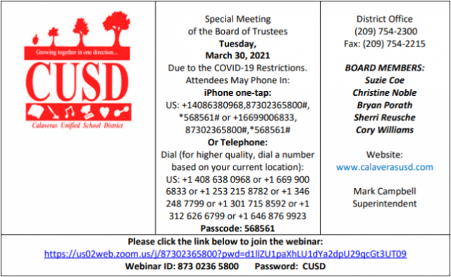 The March 30th, 2021 CUSD Board Meeting Agenda