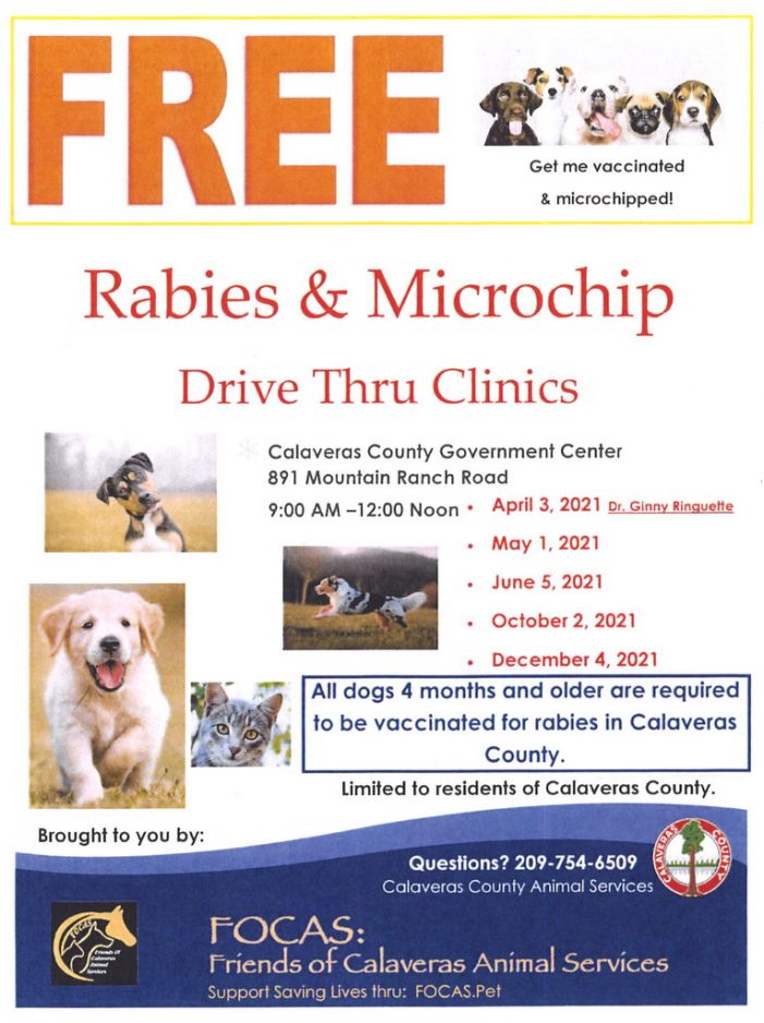Free Rabies Vaccinations and Microchipping for Dogs and Cats of Calaveras Residents