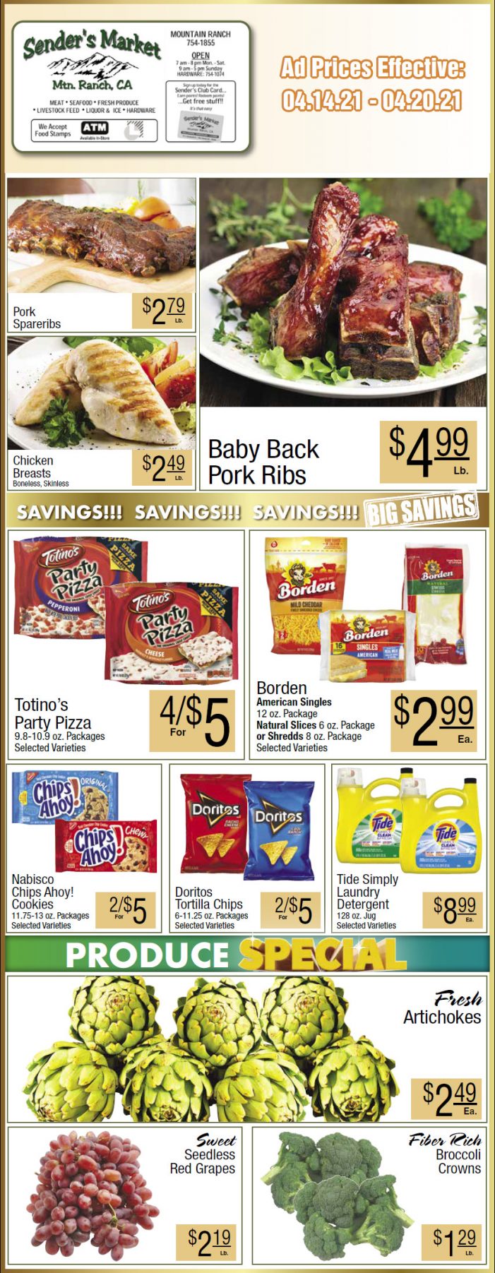 Sender’s Market’s Weekly Ad & Grocery Specials Through April 20th.  Shop Local & Save!