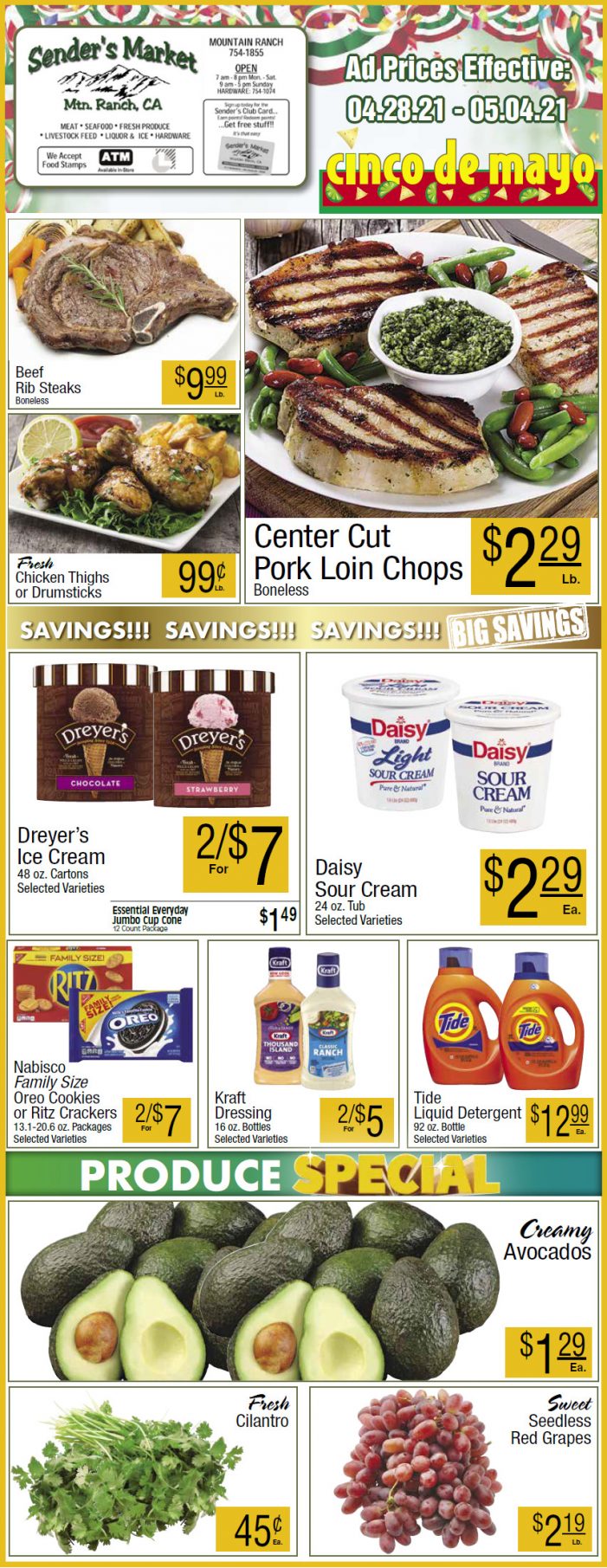 Sender’s Market’s Weekly Ad & Grocery Specials Through May 5th.  Shop Local & Save!