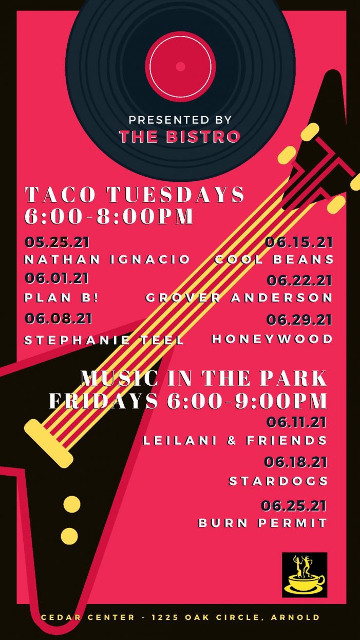 Taco Tuesday & Friday Night Music in the Park!  All Summer Long at Bisto Espresso