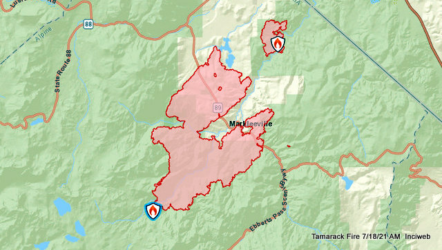 Tamarack Fire at 18,299 Acres, 517 Fire Personnel, 0% Containment as of Sunday Morning