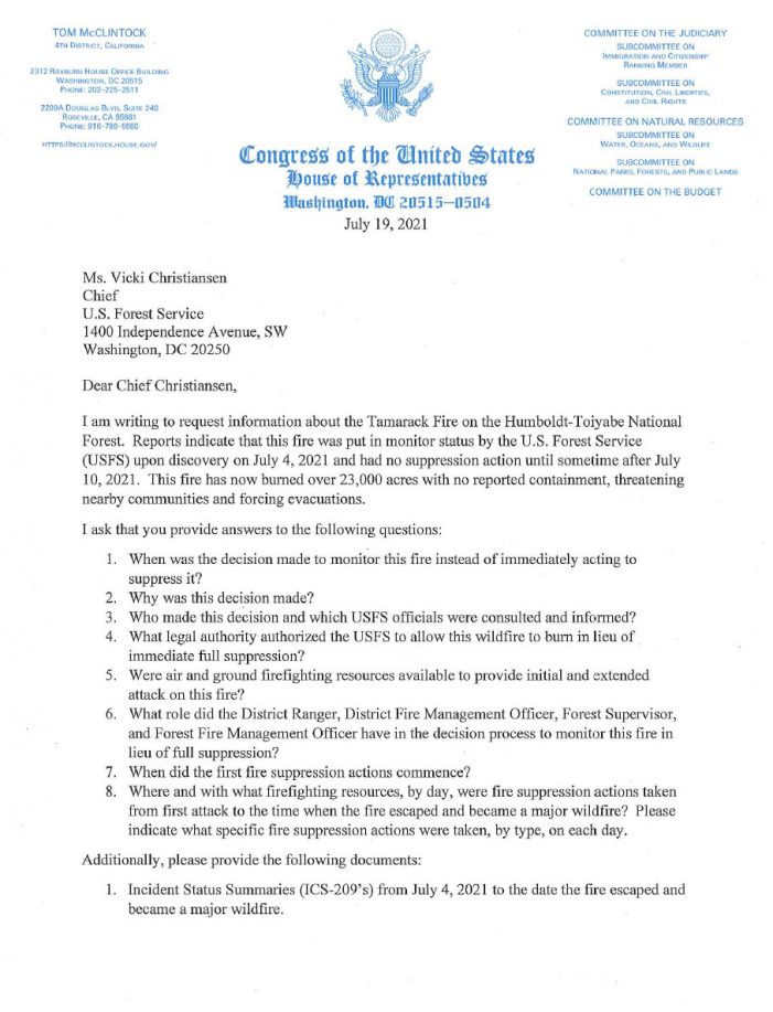 Rep. McClintock Requests Information About the Lack of Initial Suppression Efforts to Combat the Tamarack Fire from Chief of the U.S. Forest Service Vicki Christiansen