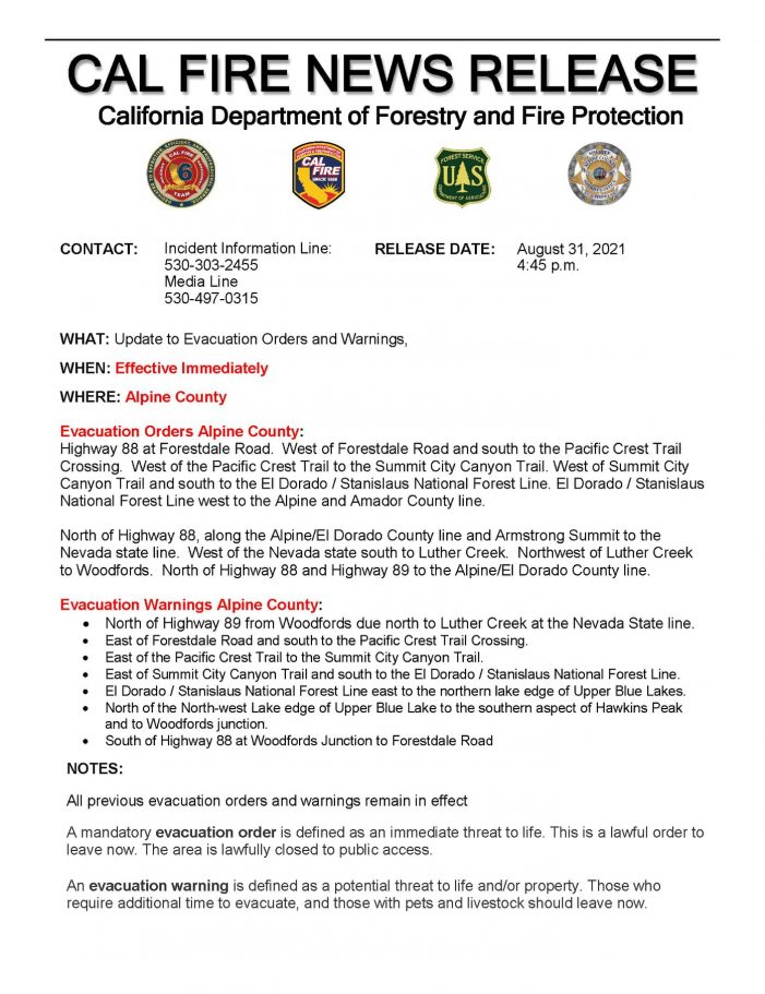 Additional Caldor Fire Evacuation Notices for Alpine County