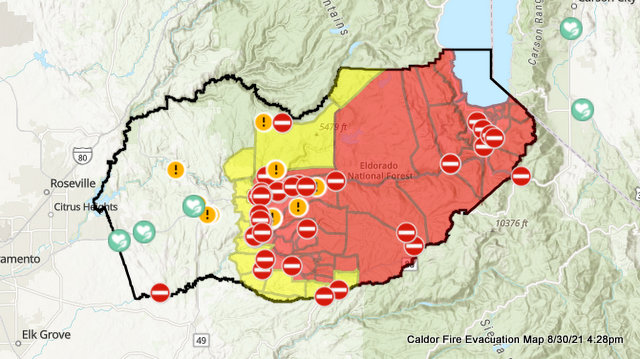 Some Caldor Fire Evacuation Orders Downgraded and Evacuation Warnings Lifted as of August 30, 3:26pm on Western Edge