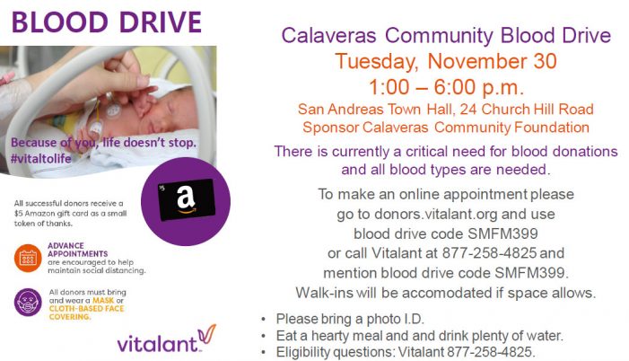 Calaveras Community Foundation (CCF) Sponsors Vitalant Blood Drive and Supermarket Challenge on Tuesday, November 30, 2021