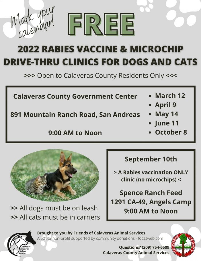 The 2022 Calaveras County Rabies Vaccine & Microchip Drive Through Clinics