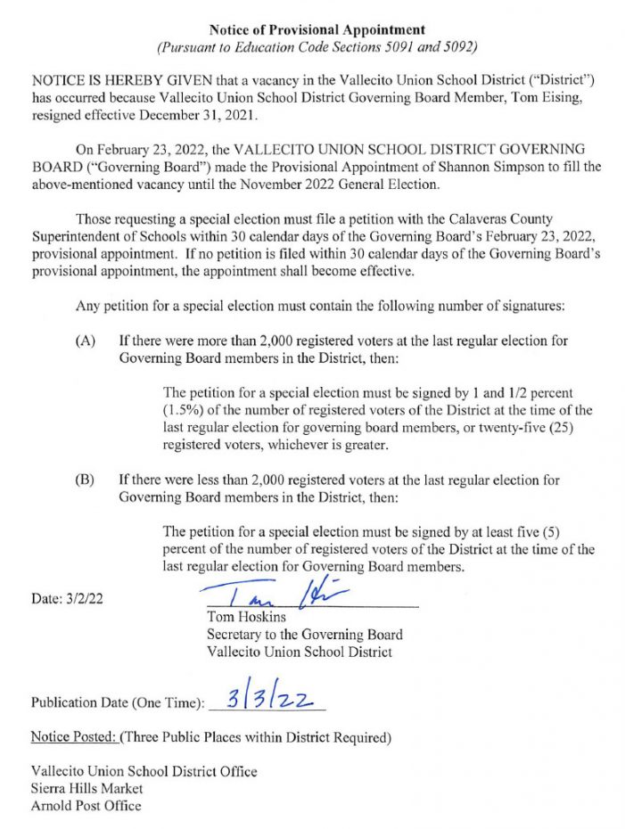 Notice of Provisional Appointment to VUSD Board (Pursuant to Education Code Sections 5091 and 5092)