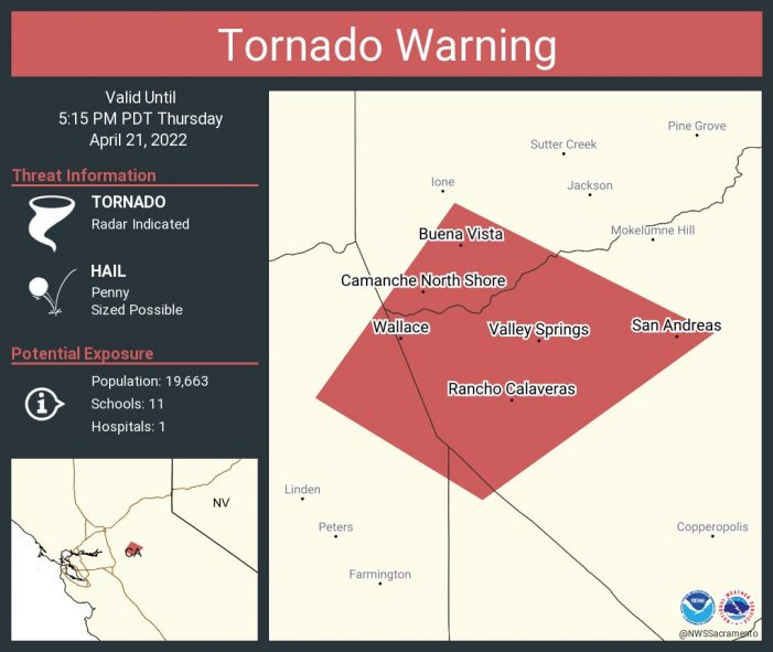 Tornado Warning Issued for Portions of Amador & Calaveras Counties (Extended Until 6pm)