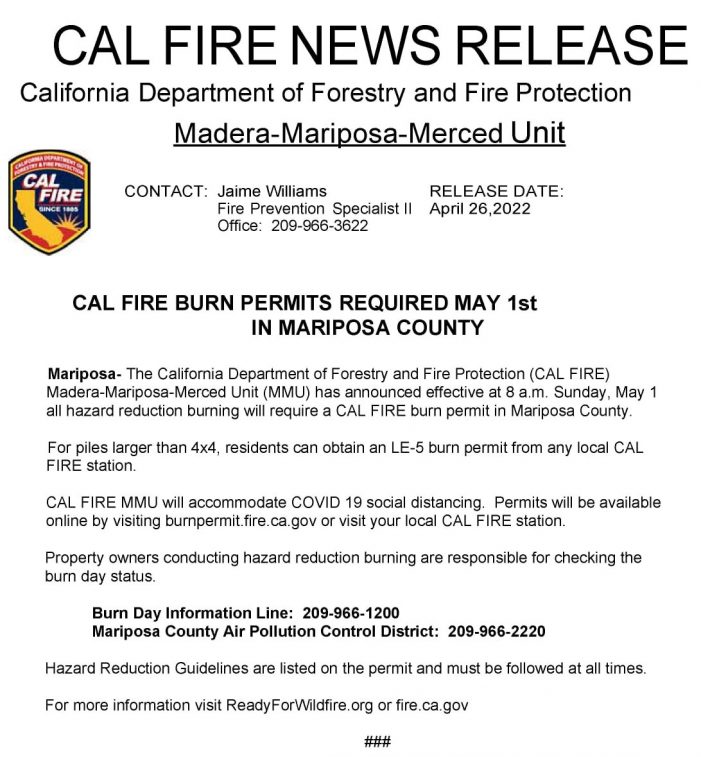 Burn Permits Required in Mariposa County Starting on May 1st.