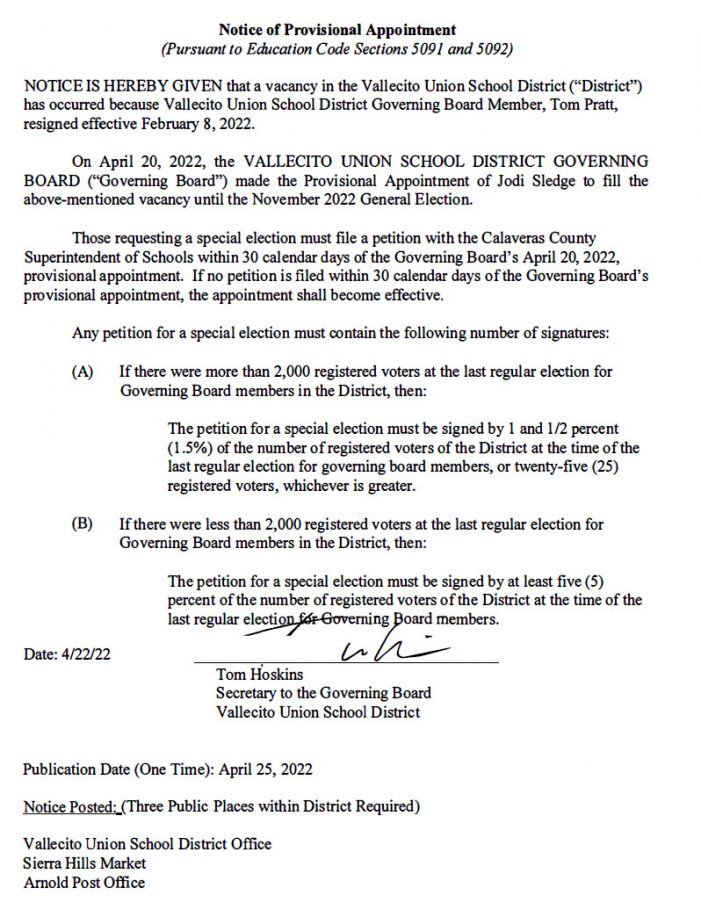 Notice of Provisional Appointment of Vallecito Union School District Governing Board Member