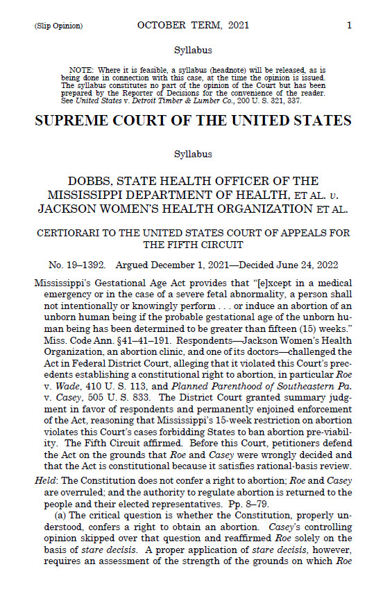Supreme Court Sends Abortion Issue Back to States in Dobbs v. Jackson Women’s Health Organization