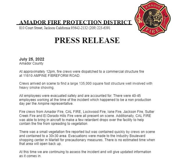 Update on Ampine Fire from Amador Fire Dept