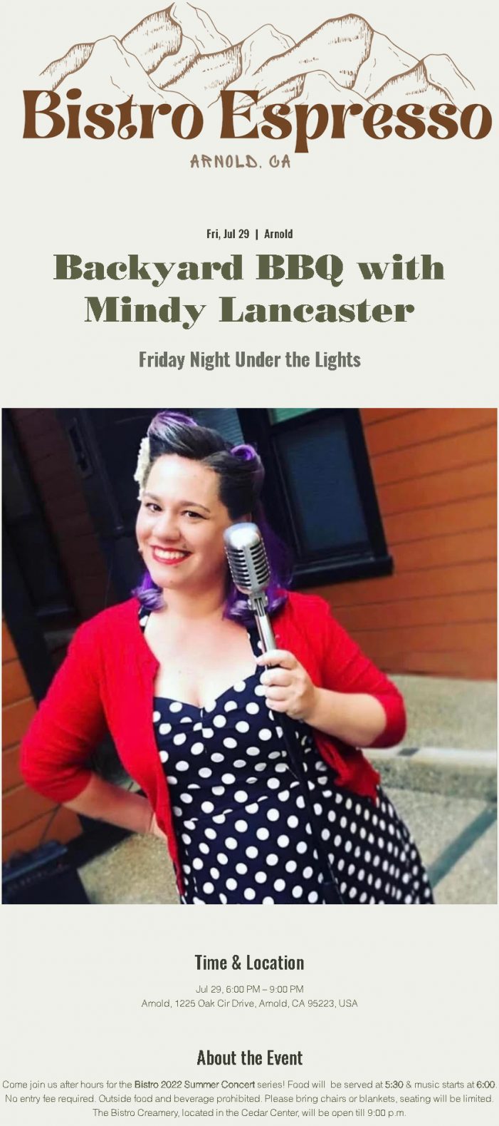 Friday Night Under the Lights, Backyard BBQ with Mindy Lancaster at Bistro Espresso
