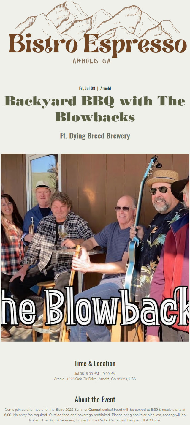 Summer Concert with The Blowbacks & BBQ at Bistro Espresso