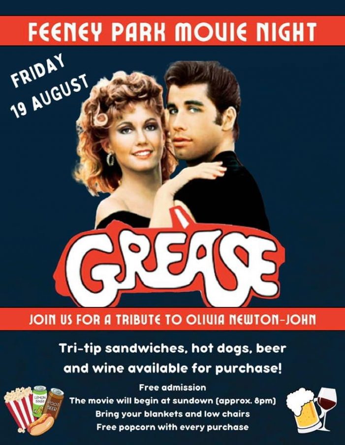 Grease Movie Night at Feeney Park on August 19th!  Pay Tribute to Olivia Newton-John