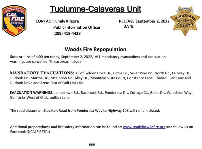 All Woods Fire Manditory Evacuations & Warnings Have Been Lifted