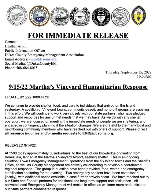 Update on Martha’s Vineyard Humanitarian Crisis