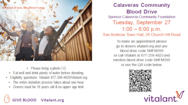 Calaveras Community Foundation (CCF) Sponsors Vitalant Blood Drive  on Tuesday, September 27, 2022