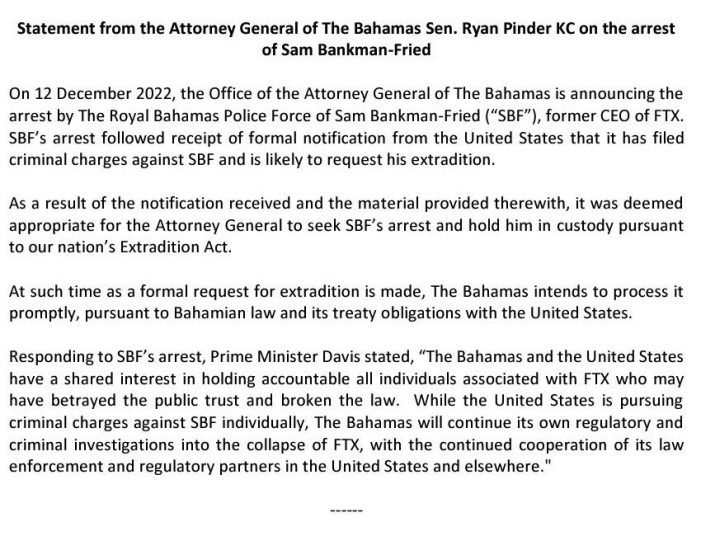 Statement from the Attorney General of The Bahamas Sen. Ryan Pinder KC on the arrest of Sam Bankman-Fried