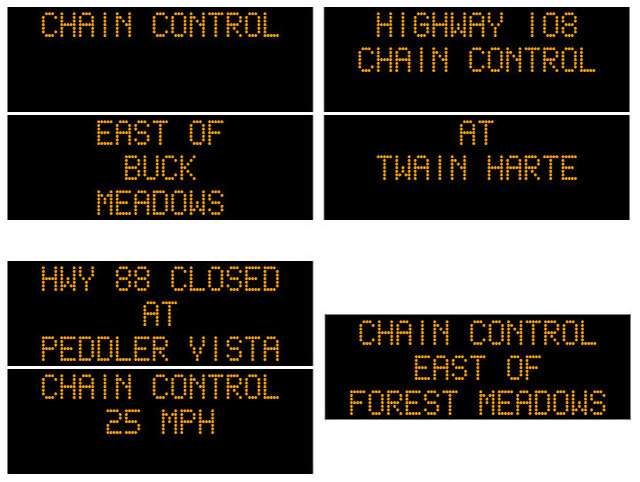 Chains Required on Hwys 88, 4, 108 & 120.  Hwy 88 Closed at Carson Spur