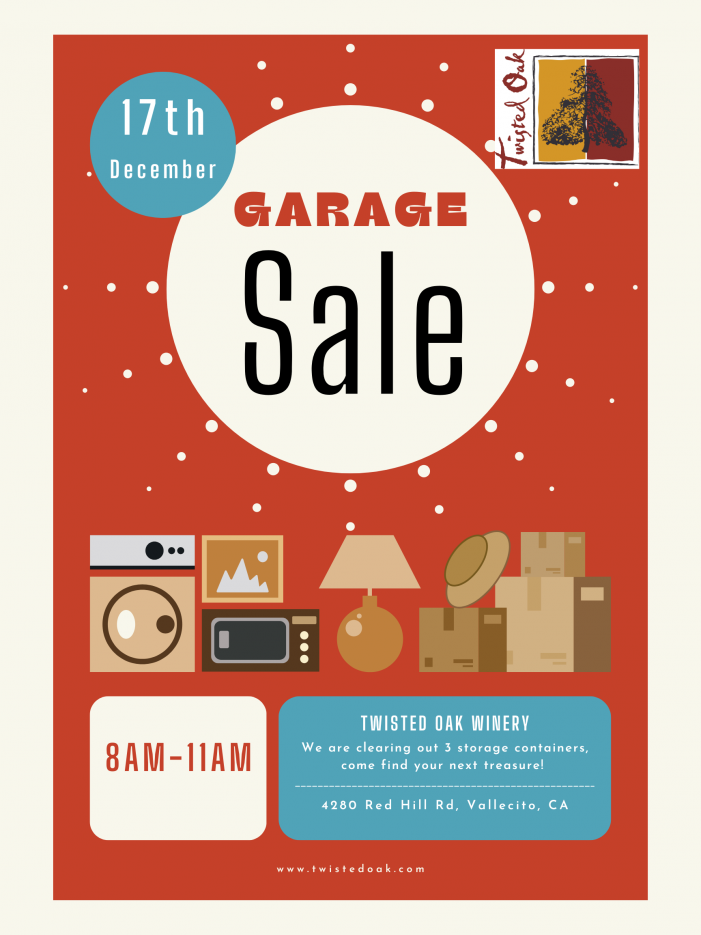 Garage Sale at Twisted Oak Winery on December 17th!