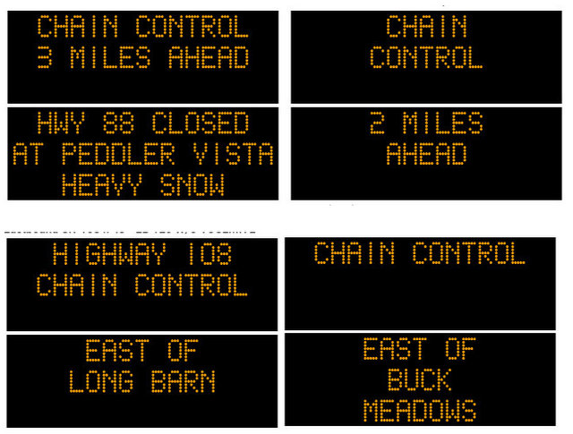 Sunday Morning Chain Control Update.  Chain Controls on Hwys 88, 4, 108 & 120.  Hwy 88 Closed at Carson Spur!