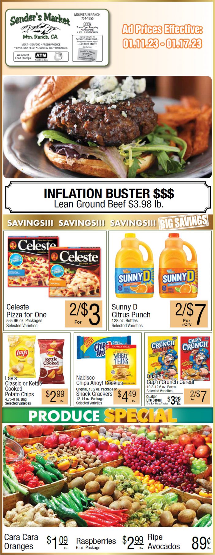 Sender’s Market Weekly Ad & Grocery Specials Jan 11 – 17th! Inflation Buster Lean Ground Beef Only $3.98lb!