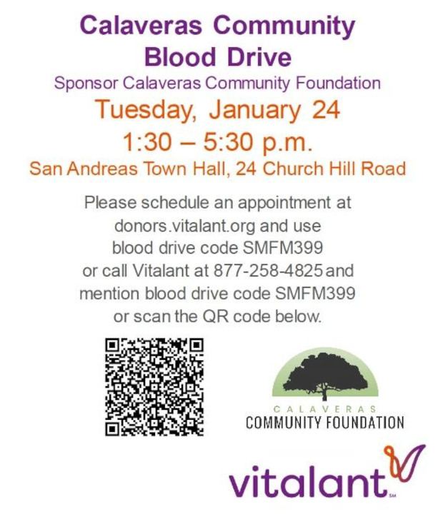 Give Life Saving Blood on Jan. 24, 2023, at the Calaveras Community Blood Drive