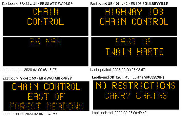 Chain Controls on Hwys 88, 4 & 108.  Icy Roads Abound