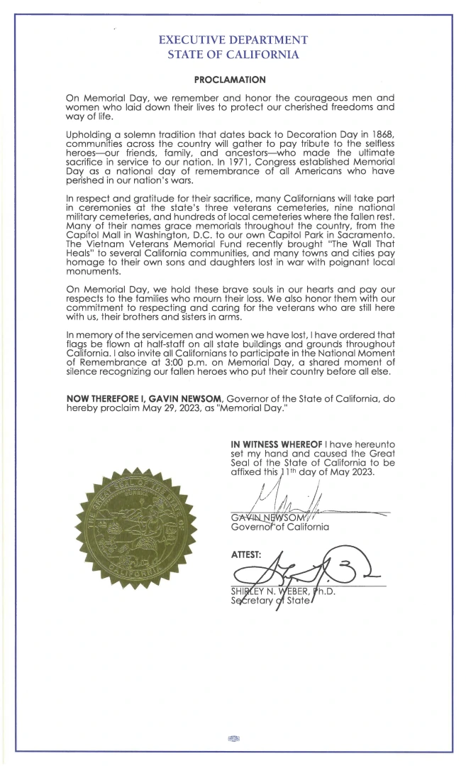 Governor Newsom Proclaims Memorial Day 2023