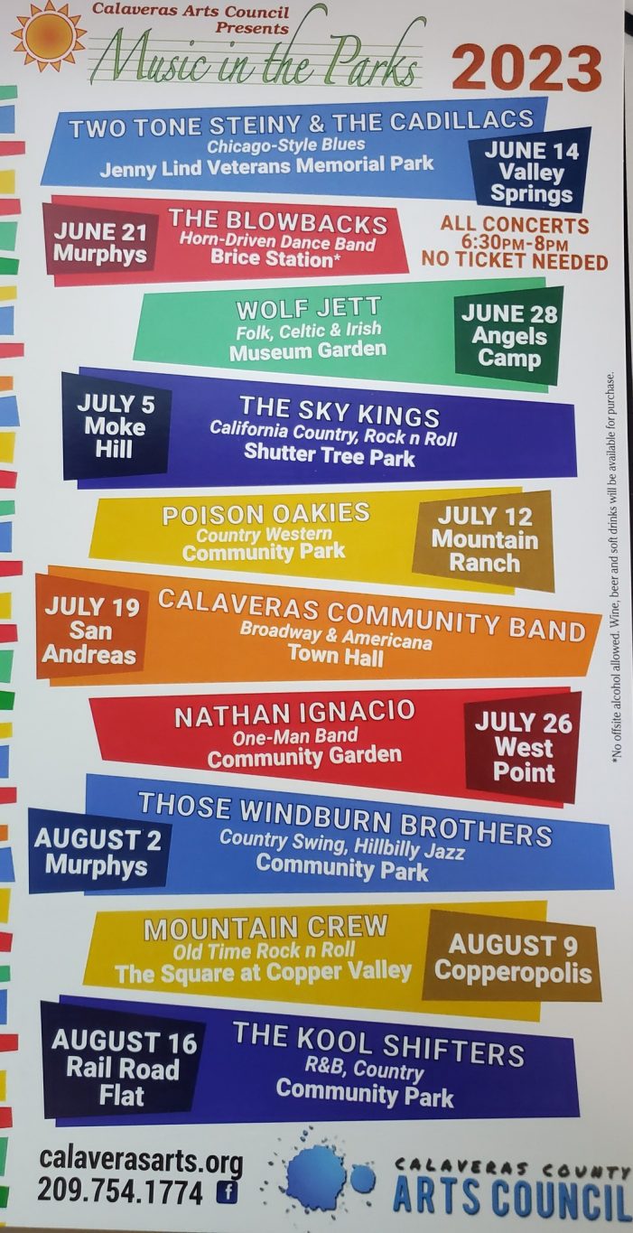 The Calaveras Arts Council’s Music in the Parks 2023!  The Kook Shifters Close Out Series Tonight!