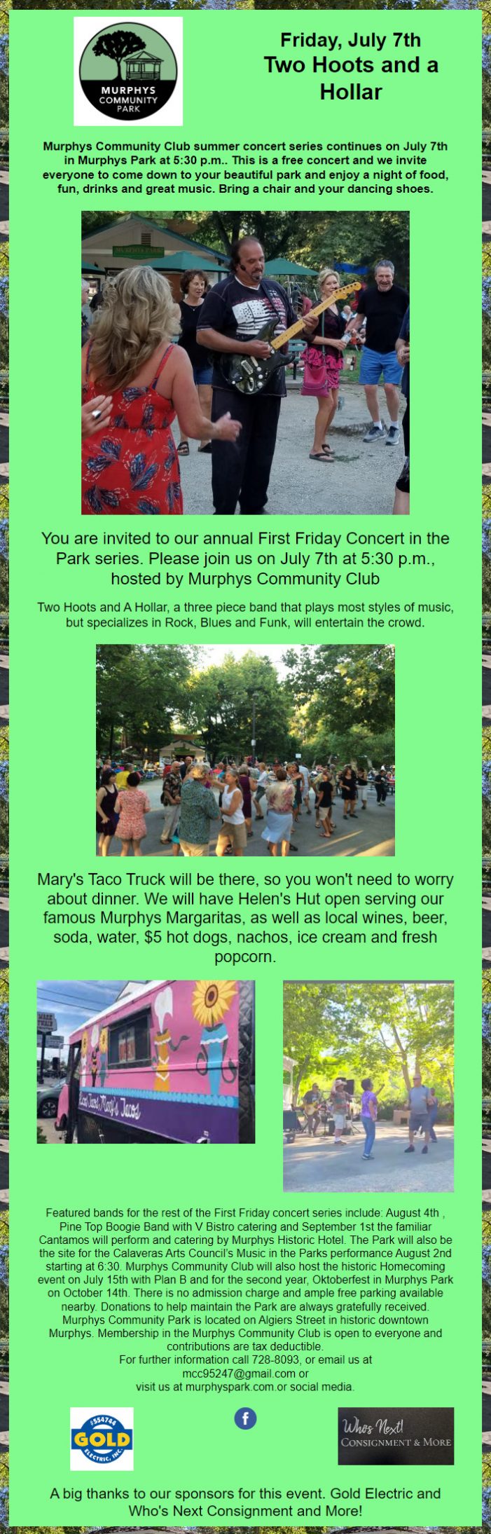 First Friday Concert in the Park with Two Hoots and a Hollar!