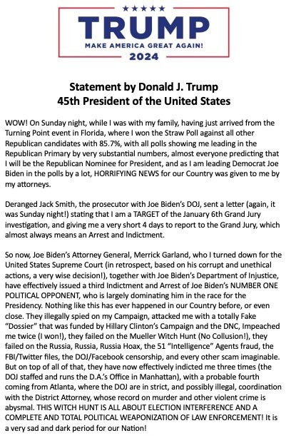 Donald Trump Statement after Receiving Jan 6 Grand Jury Target Letter