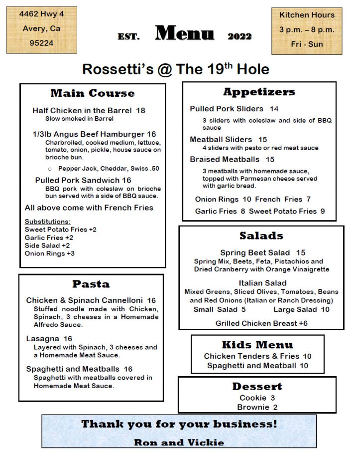 Your Dinner Awaits at Rossetti’s @ The 19th Hole!  Open Fri – Sun 3-8pm!
